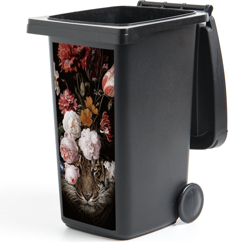 MuchoWow Mülltonnenaufkleber Tiger - Blumen - Kunst 44x98 cm - Containeraufkleber - Aufkleber - Mülltonnen-Aufkleber
