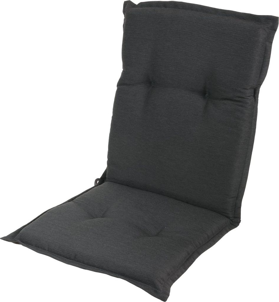 A dark gray chair cushion is shown against a white background.