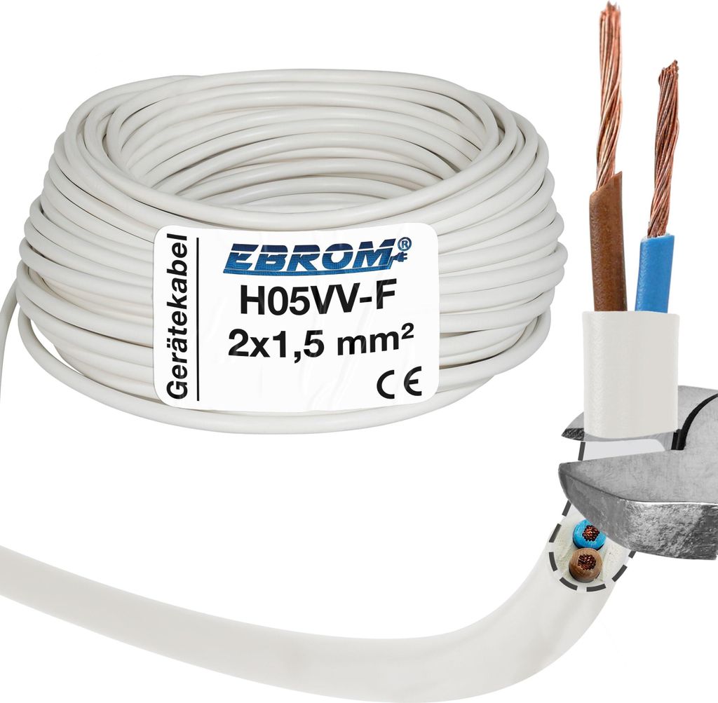 30 Meter - EBROM - H05VV-F 2x1,5 mm² PVC Schlauchleitung, weiß - Gerätekabel, LED Kabel, flexible Leitung, 2x1,5 mm2 Kunststoffschlauchleitung, ...
