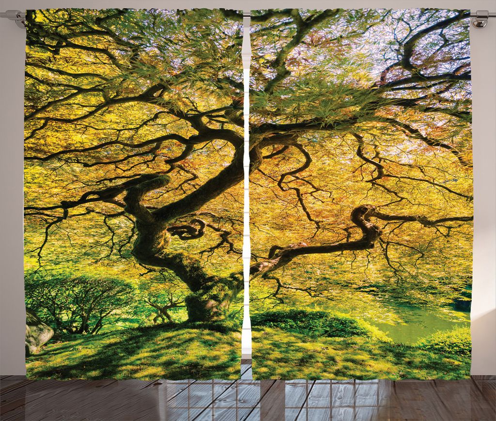 ABAKUHAUS Baum Rustikaler Vorhang, Großer Ahorn mit Fluss, Wohnzimmer Universalband Gardinen mit Schlaufen und Haken, 280 x 175 cm, Grün Gelb