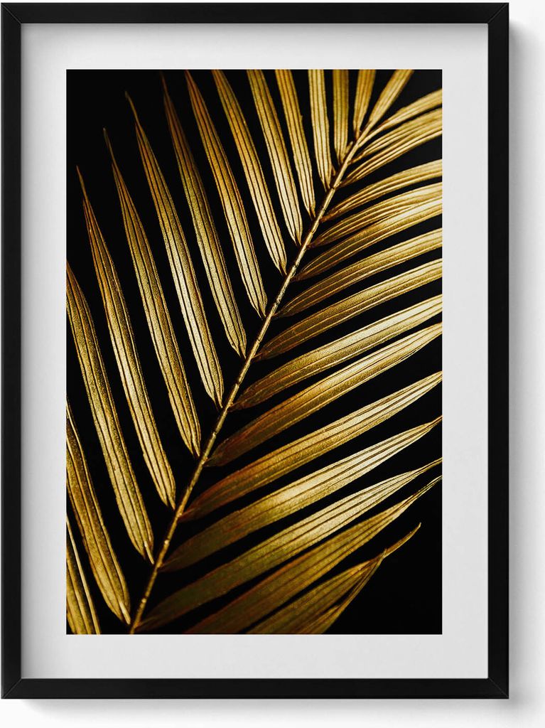 Blatt in goldenem Glamour– Wandbild mit Rahmen – Gerahmtes Bild – Wanddekoration – 50x70 cm – Schwarz Rahmen