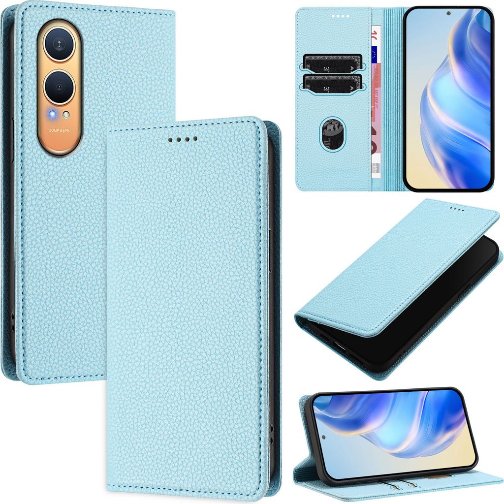 Litchi Leder Handyhülle für OnePlus Nord CE4 Lite Wallet Kartenfächer Standfunktion Hülle Hellblau