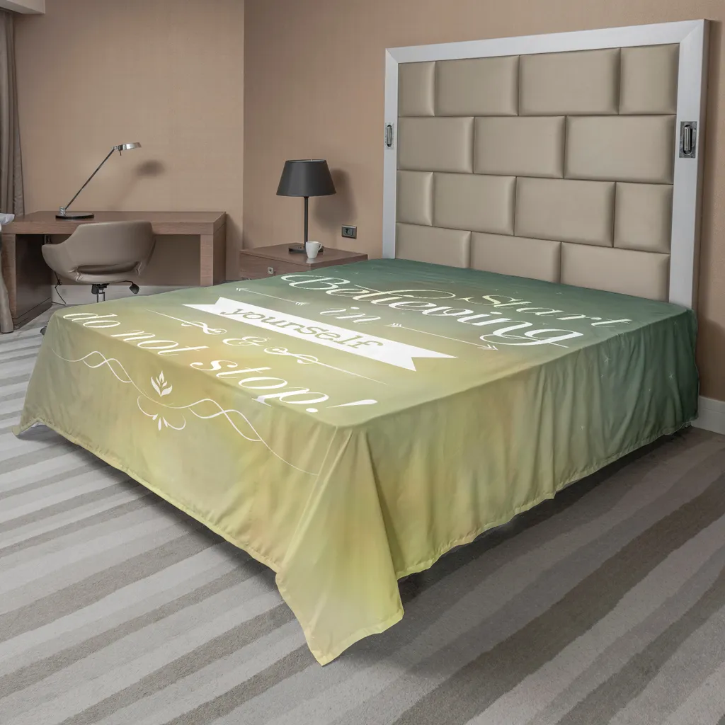 ABAKUHAUS Lenzuolo con proverbio, Comincia e non smettere Stile ornamentale tipografico ispiratore, lenzuolo superiore morbido e confortevole per un letto decorativo 1 pezzo 275 cm x 260 cm, Teal Yellow