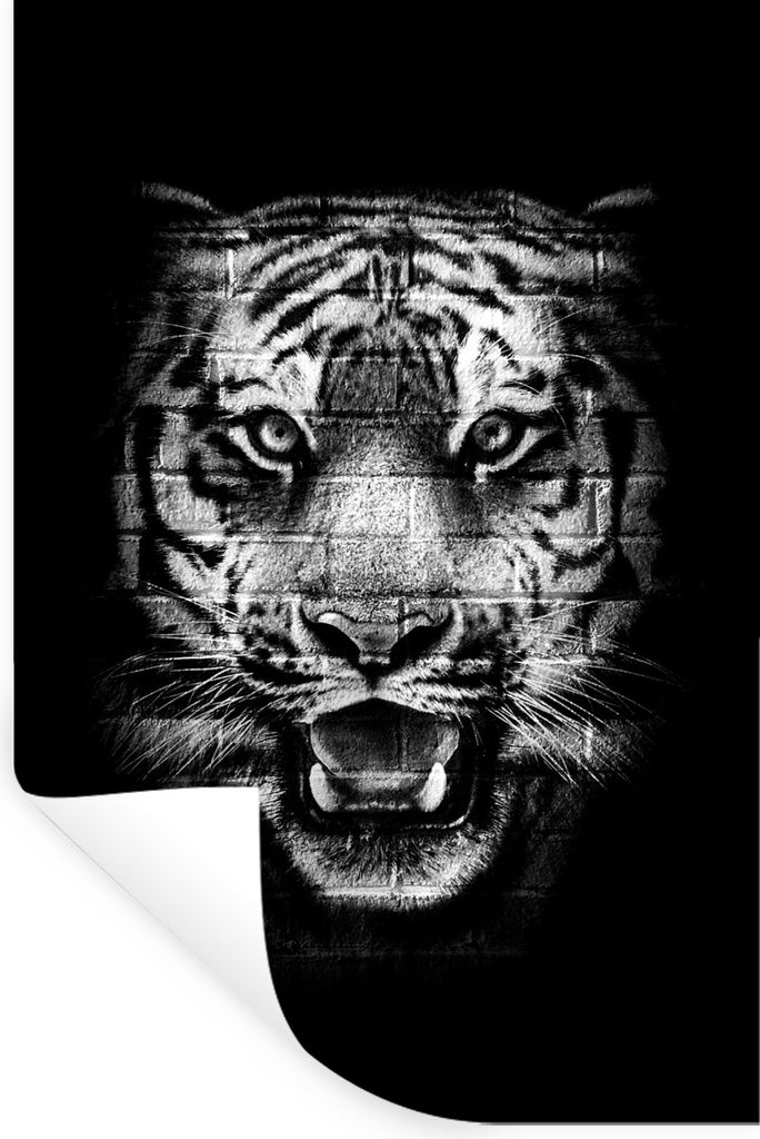 MuchoWow Wandtattoo Wandsticker Wandaufkleber Tigerkopf mit einem Muster aus Steinen auf schwarzem Hintergrund - schwarz und weiß 20x30 cm Selbs...