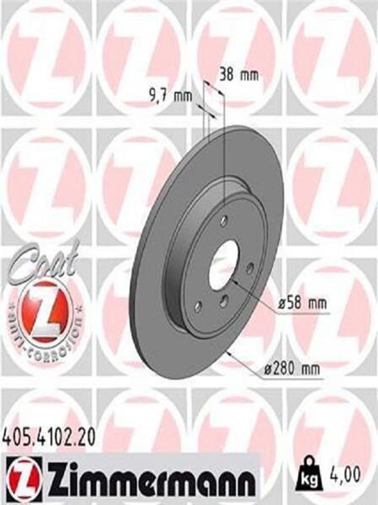 2x ZIMMERMANN Bremsscheibe 405.4102.20 für SMART FORTWO Coupe (451) 38mm 4kg
