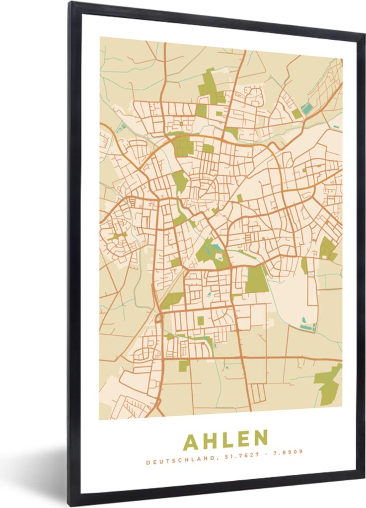 MuchoWow Gerahmtes Poster Stadtplan - Ahlen - Vintage - Karte 20x30 cm - Poster mit Schwarzem Bilderrahmen Wandposter Rahmen Foto Bilder - Drucke...