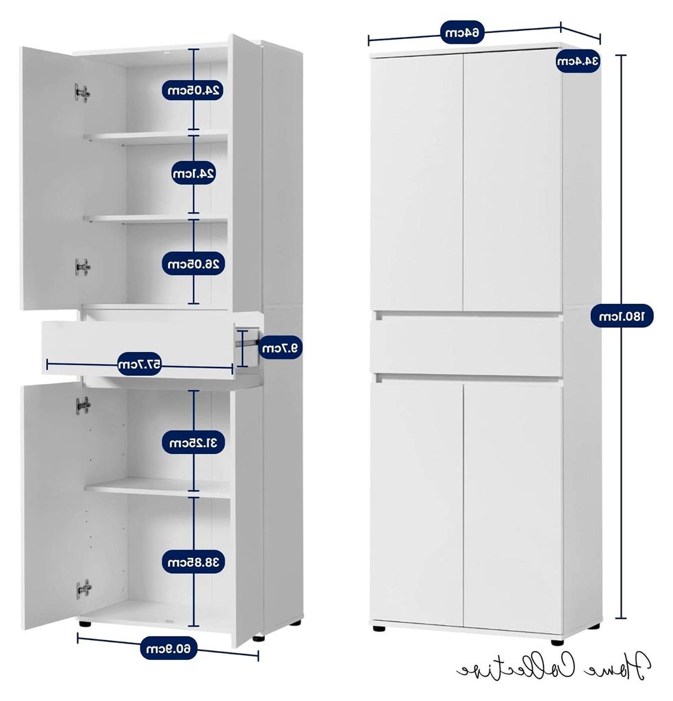 Schrank 60 cm breit mit 4 Türen und Schublade, vielseitiger Aufbewahrungsschrank mit 3 Einlegeböden, schmaler Schrank für Haushalt, Büro, Schla...