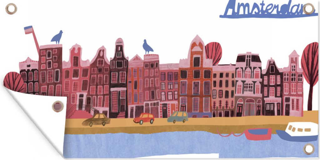 MuchoWow 80x40 cm Outdoor-Poster Gartendeko Sichtschutz Garten Poster für den Garten Eine Illustration von Häusern in der Nähe einer Amsterda...