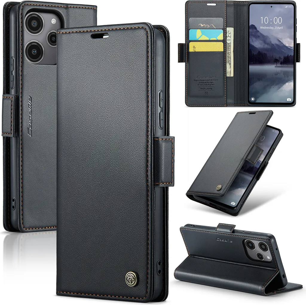 Custodia per Xiaomi Redmi 12 5G/4G /Poco M6 Pro 5G, carta di blocco RFID, custodia avanzata in pelle flip con funzione stand Nero