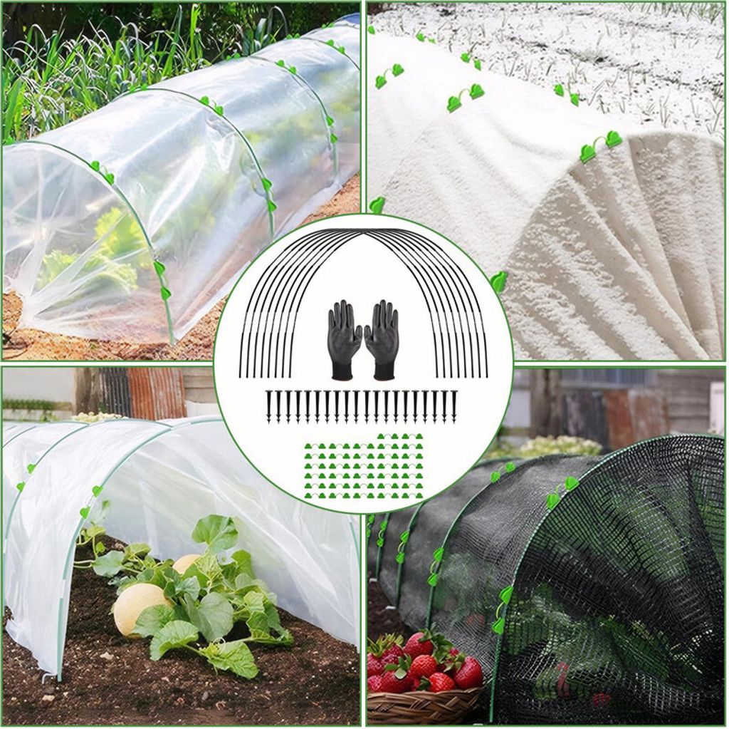 A collage of images showing different types of plant tunnels and gardening accessories.