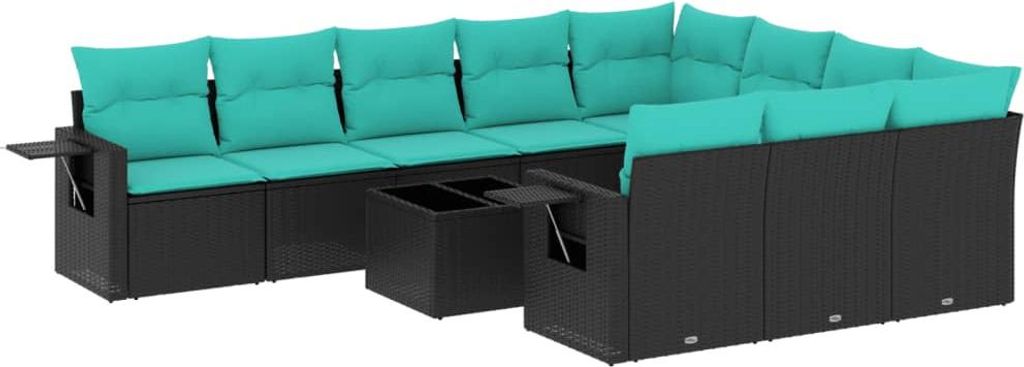 vidaXL 11-teiliges Gartensofa-Set mit Kissen, schwarzes Polyrattan