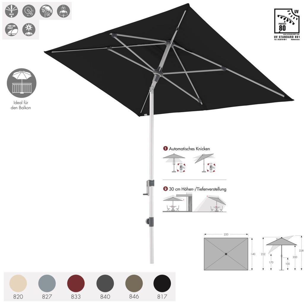 Doppler Expert Auto Tilt 220 x 140 cm Sonnenschirm 6 Farbvarianten 437441 Mittelmastschirm 817 Schwarz