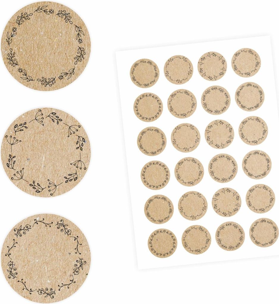 24 Universaletiketten - Blumenranke Kraftpapieroptik - rund Produktbild 