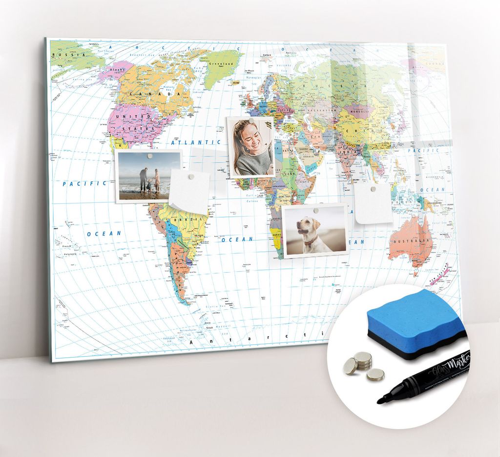 Magnetpinnwand Memoboard - Zubehörsatz - Schwarzer Marker + Schwamm + Magnete - 100 x 70 cm - Politische Weltkarte