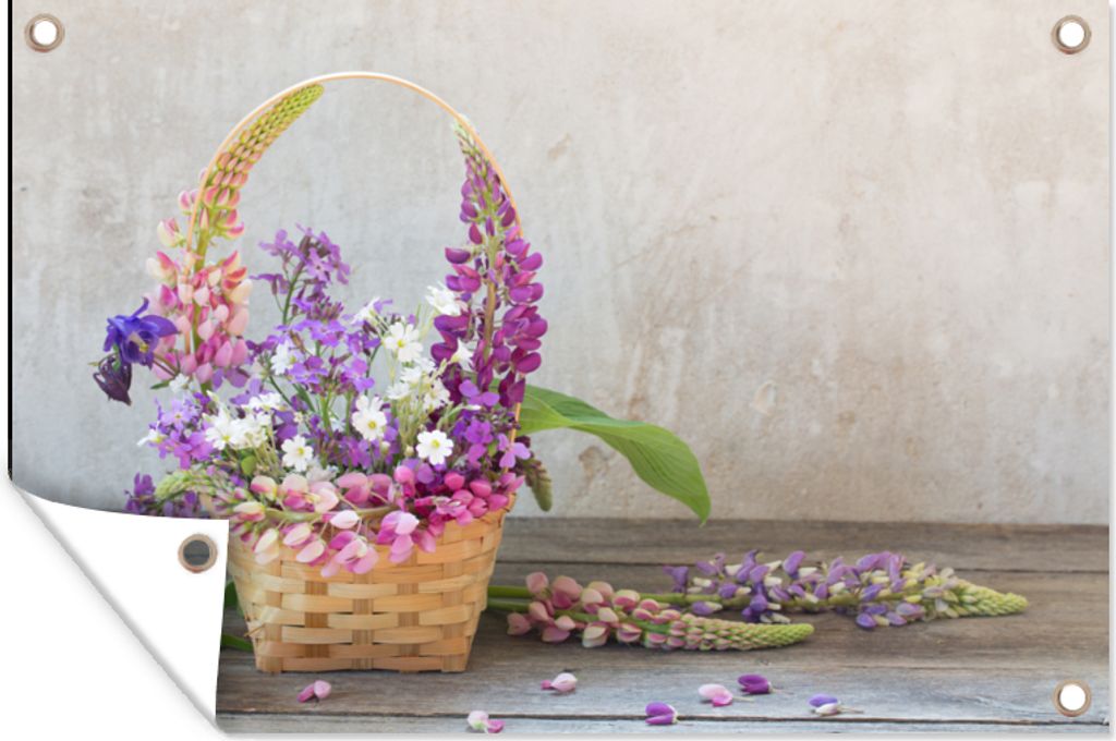 MuchoWow 120x80 cm Outdoor-Poster Gartendeko Sichtschutz Garten Poster für den Garten Korb - Blumen - Stilleben
