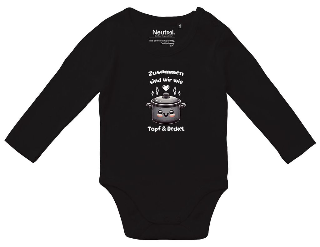 Huuraa Baby Body Zusammen sind wir Dopf und Deckel 80 Black Baumwolle Fairtrade Langarmbody Geschenkidee