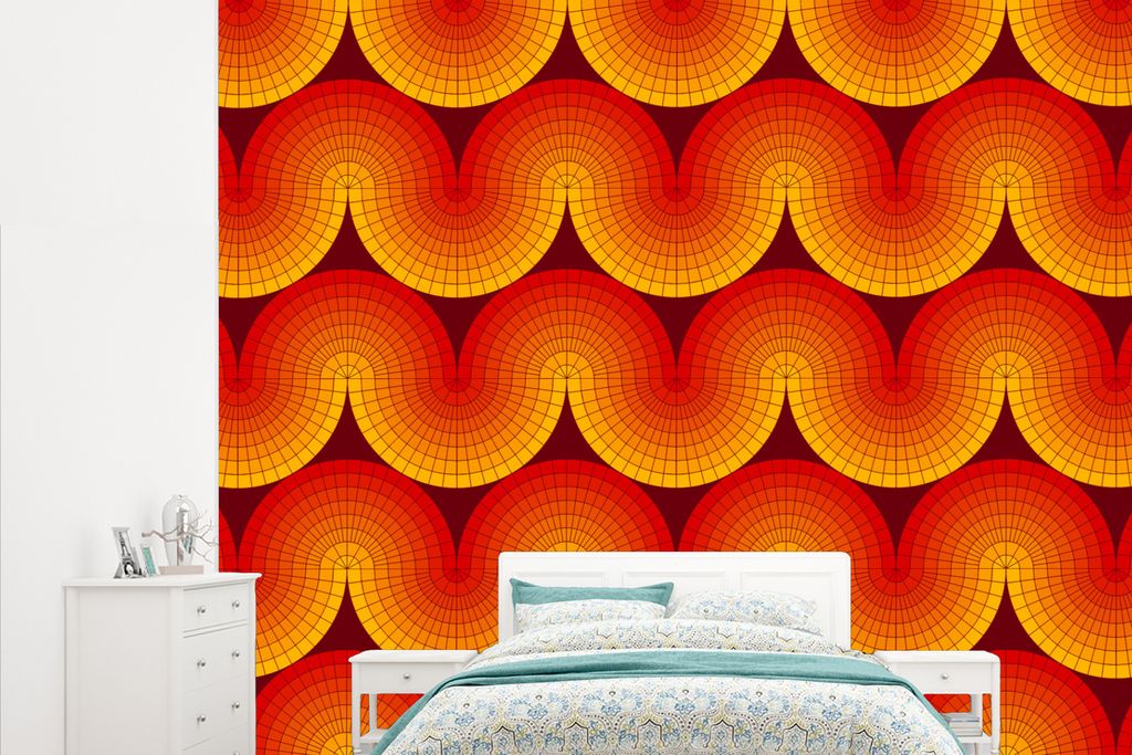 MuchoWow Fototapete für Wohnzimmer oder Schlafzimmer Wandtapete Vinyl Motivtapete Design - Retro - Rot - Abstrakt - 315x260 cm - Gemustert