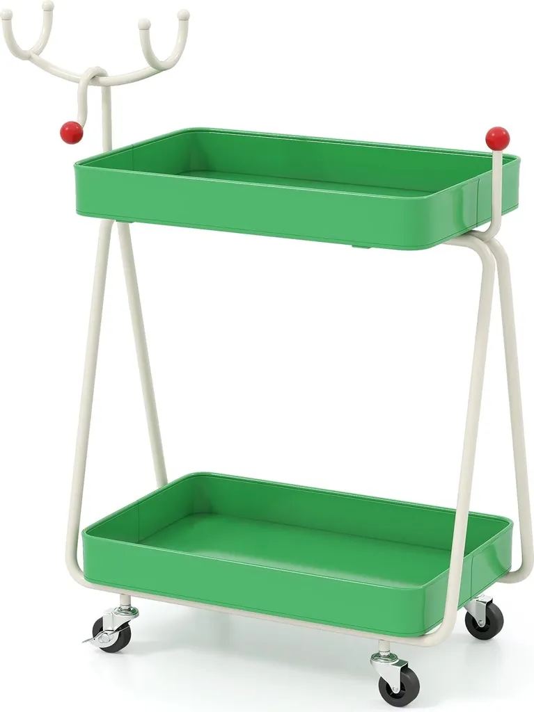 Desserte de service renne en métal vert avec 2 plateaux pour les fêtes