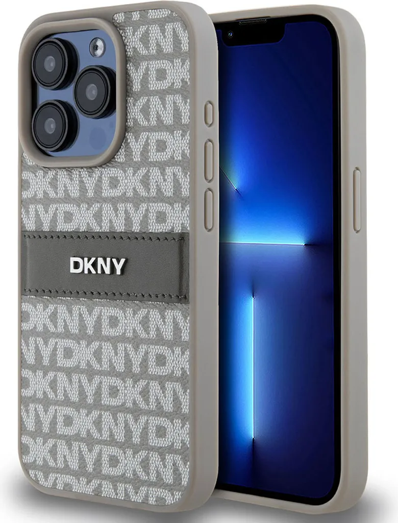 Custodia Rigida DKNY iPhone 15 Pro 6.1" Pelle Beige Logo Metallo