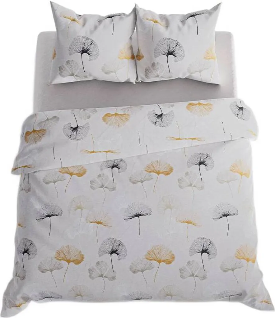 Parure Letto 200x220 Sateen di Cotone Grigio Ginko Foglie Alta Qualità