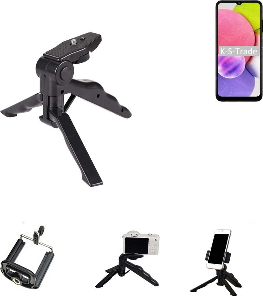 K-S-Trade Stativ Tisch-Ständer Dreibein Handy-Stativ Ständer kompatibel mit Samsung Galaxy A03s Mini-Stativ Smartphone Tripod Handy-Stativ aus