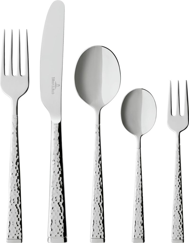 A set of five pieces of silverware, including a knife, fork, and three spoons of varying sizes, arranged in a line against a white background.