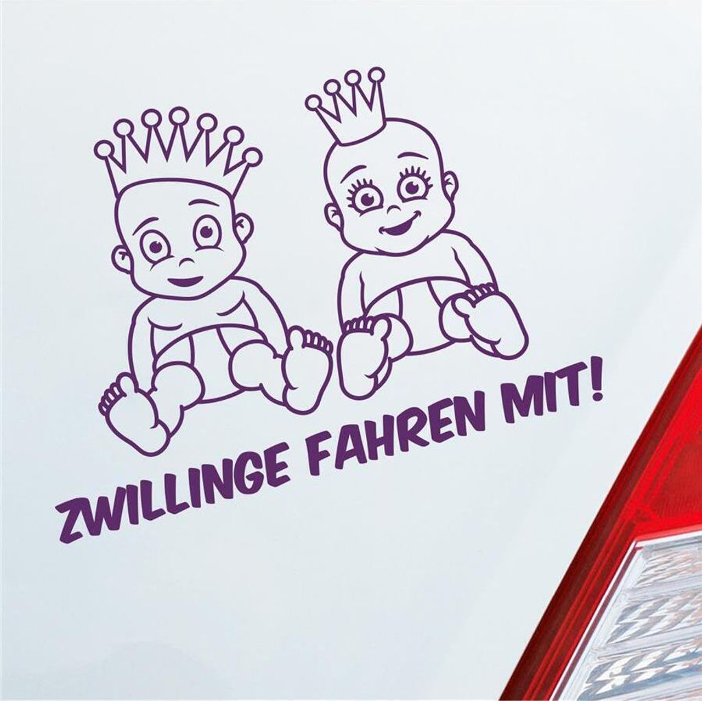 Auto Aufkleber Zwillinge fahren mit! Süß 28x20 cm Lila Sticker Heckscheibenaufkleber