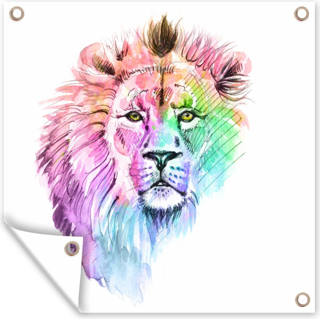 MuchoWow 100x100 cm Outdoor-Poster Gartendeko Sichtschutz Garten Poster für den Garten Löwen - Illustration - Farben