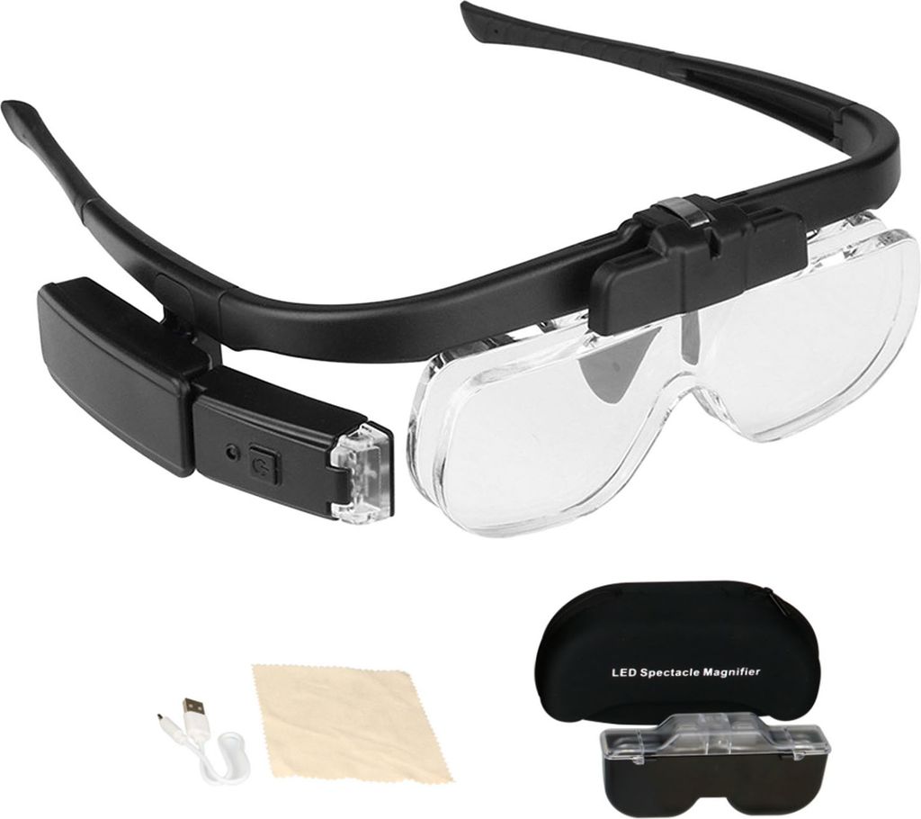 Lesebrille mit Vergrößerungsfunktion, USB-betrieben, mit 2 einstellbaren LED-Leuchten für Naharbeiten, Kopflupe, Schmuckherstellung, Bastelarbei...
