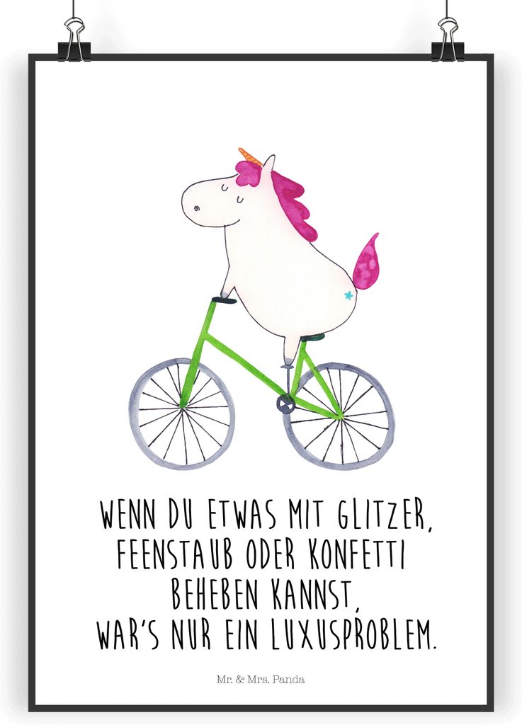 Mr. & Mrs. Panda Bild Einhorn Radfahrer DIN A4 - Weiß - Geschenk, wandkunst, Deko, Plakat, wanddeko, Unicorn, Radfahren, Kummer, Einhörner, Poste...
