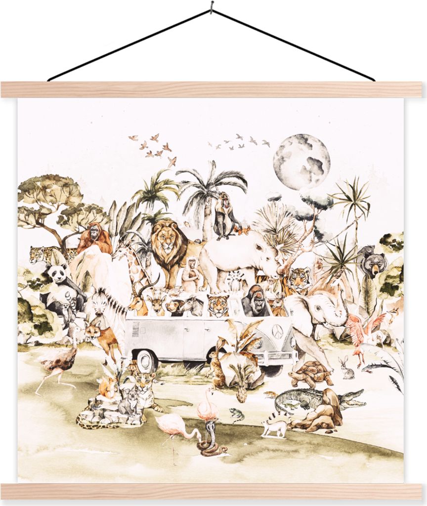 MuchoWow Textilposter Bus - Tiere - Kinder - Jungen - Mädchen - Palme 60x60 cm mit holzfarbenen Rahmen - Wanddekoration