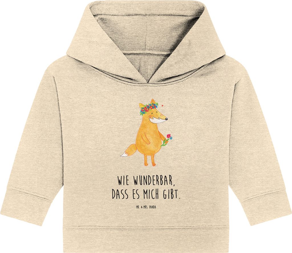 Mr. & Mrs. Panda Organic Baby Hoodie Fuchs Blumen 24. - 36. Monat - Natural Raw - Geschenk, Blume, Freundin, Kapuzenshirt, Kapuzensweatshirt, Blume...