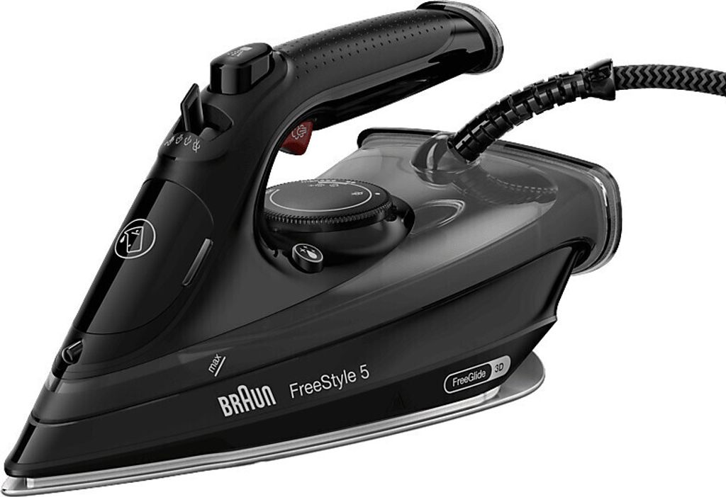 A black Braun iron is shown against a white background.