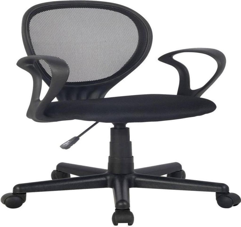A black mesh office chair with a black base and wheels is shown from the front.