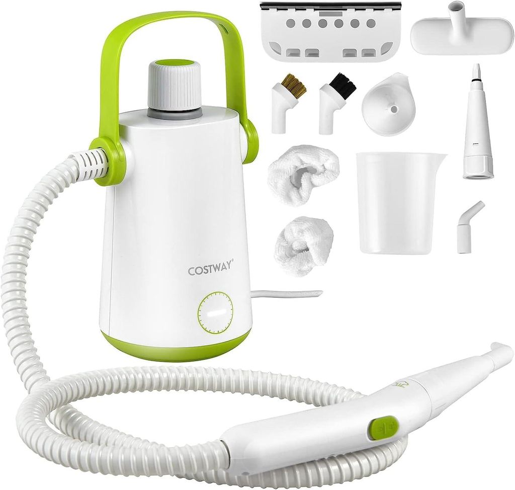 A white handheld steam cleaner with various accessories laid out around it on a white background.
