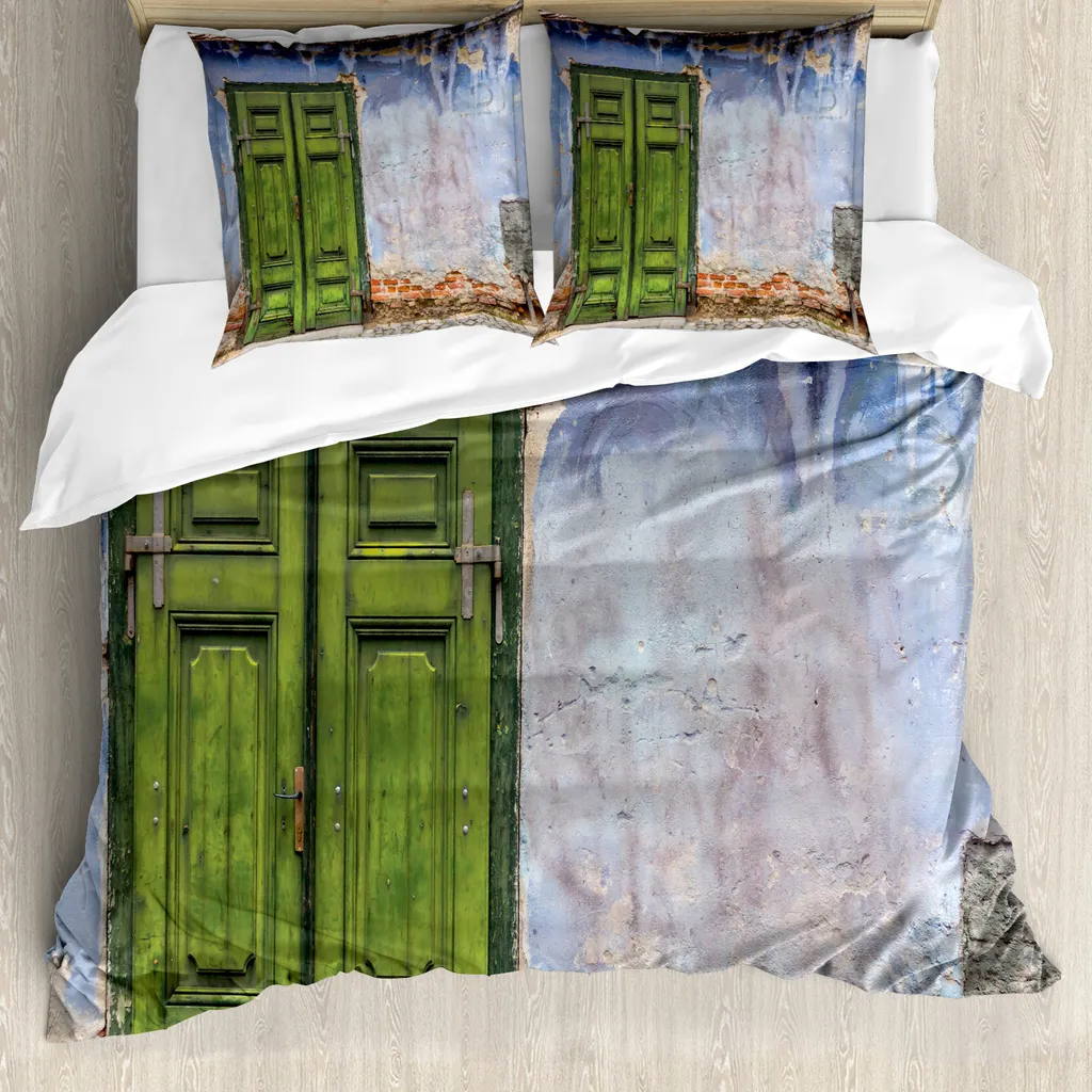 ABAKUHAUS Copripiumino rustico, Casa colorata Porta antica, Antiacaro Adatto a chi soffre di allergie con federe, 155 cm x 220 cm - 80 x 80 cm, Blu Verde