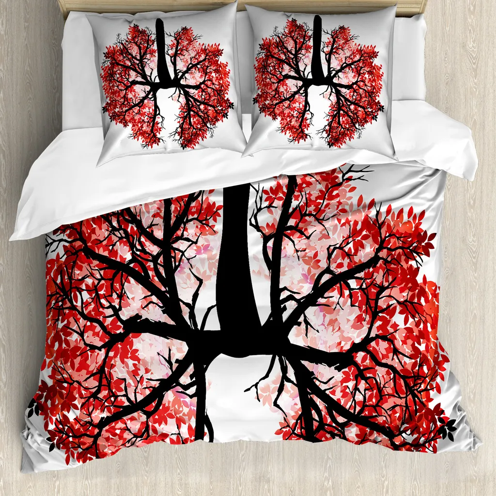 ABAKUHAUS Copripiumino moderno, polmone umano floreale sano, antiacaro, adatto a chi soffre di allergie, con federe, 200 cm x 200 cm - 80 x 80 cm, rosso-marrone