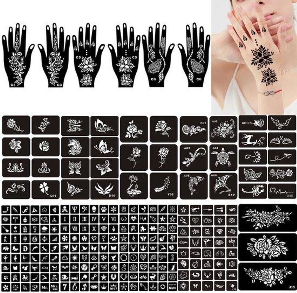 Hennapennen-set - 3 handpennen + 12 sjabloonbladen - Productafbeelding 