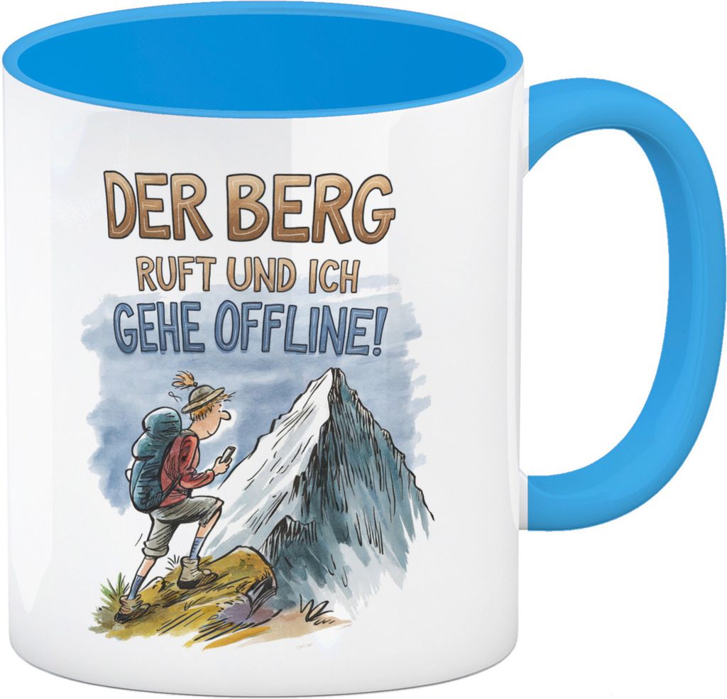 Der Berg ruft Kaffeebecher in hellblau Wanderer mit Rucksack