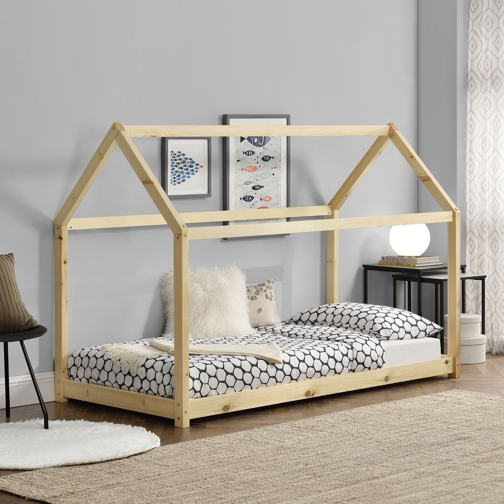 Matratze mit Rausfallschutz 70x140cm Haus Holz Weiß Bettenhaus Bett Kinderbett 