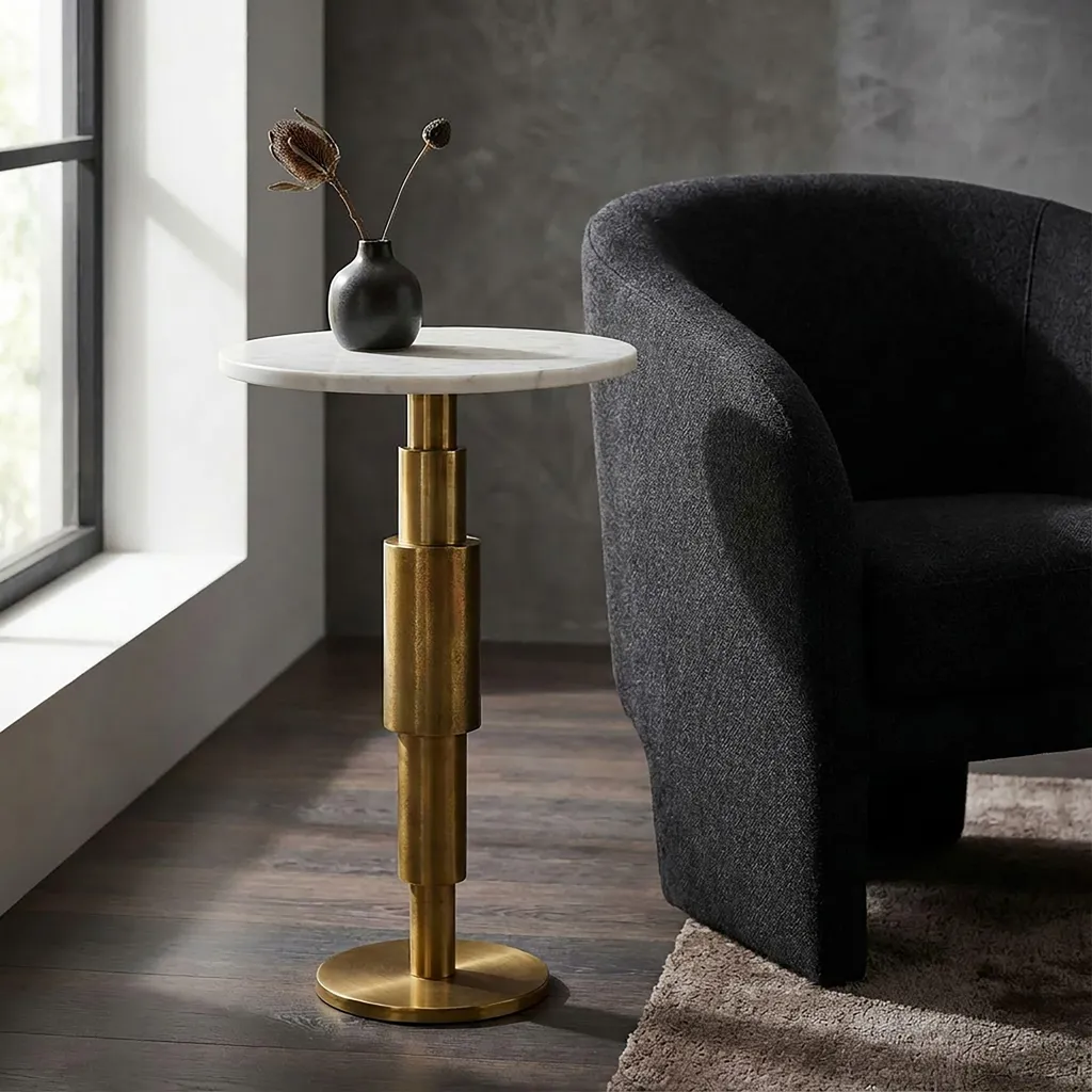 WOHNLING Table d'Appoint Ronde Effet Marbre et Structure Aluminium Argent