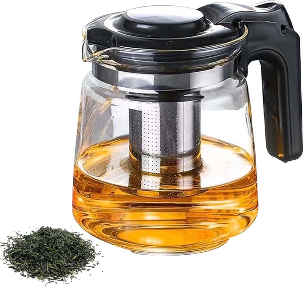 Teekanne aus Borosilikatglas (1,6 l), herausnehmbarer Teefilter, hitzebeständig, Deckel, für heiße und kalte Getränke.