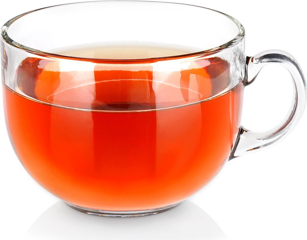 A clear glass mug filled with a red beverage.