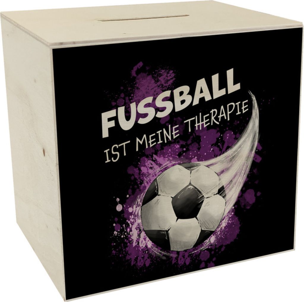 Fußball ist meine Therapie Spardose aus Holz mit Fußball-Motiv in pink
