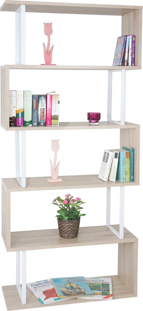Bücherregal MCW-A27, Standregal Wohnregal, 183x80cm 3D-Struktur 5 Ebenen Eiche-Optik, Metall weiß