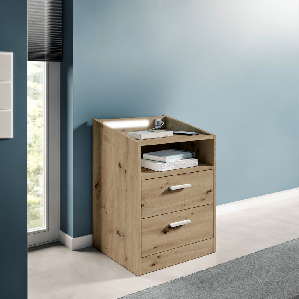 Nachtkommode "Lumo" in Artisan Eiche mit 2 Schubladen. Produktbild 
