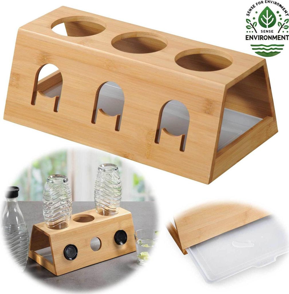 LS-LebenStil Flaschenständer Holz passend für Sodastream Flaschen Abtropfschale Soda Stream Abtropfhalter Flaschenhalter Flaschenablage Abtropfge...