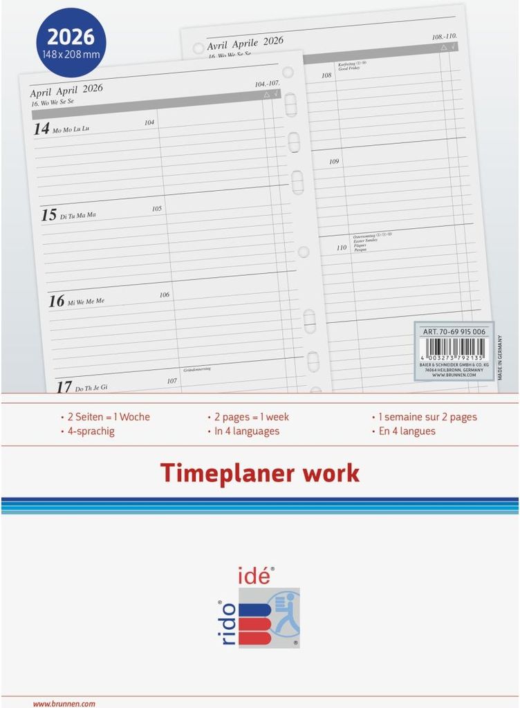 Wochenkalendarium 1 Woche/2 Seiten 14,8x20,8cm A5 2026 Packung mit 10 Stück