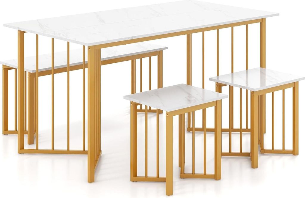 Esszimmertisch-Set für 4 Personen mit Bank & Hockern, Modernes Küchenset mit goldenem, flügelartigem Metallgestell & Kunstmarmorplatte, Weiß + ...