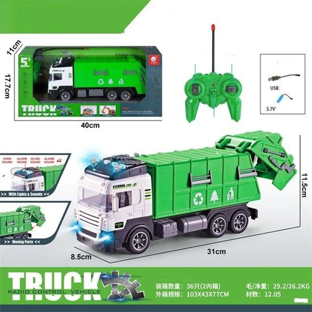 Camion poubelle RC vert 31 cm batterie rechargeable longue durée